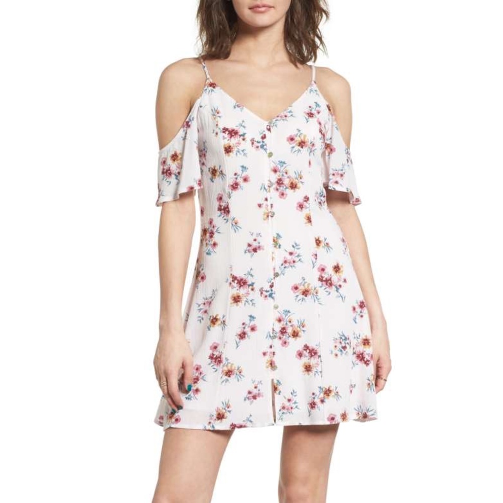 Dee Elly Button Front Cold Shoulder Dress Blush Floral Print